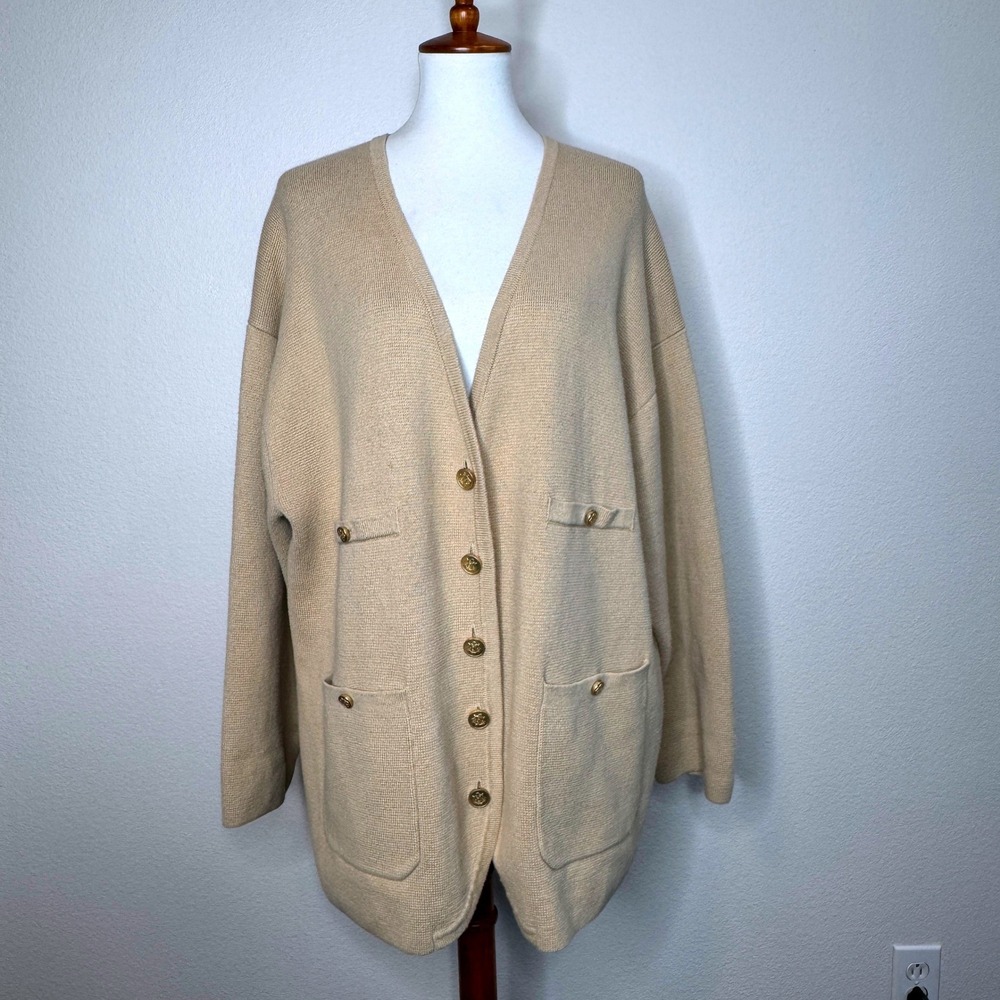 J. CREW Oversized Sweater Blazer XL‎ Tan Gold Buttons Cotton V Neck Quiet Luxury